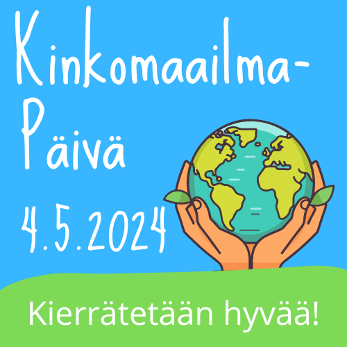 Kinkomaailma-päivän logo, jossa kädet pitävät maapalloa, sininen tausta